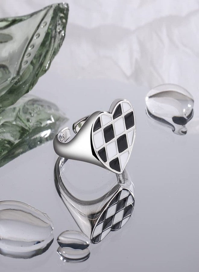Izpack Plaid Love Heart Open Stacking Ring Black and White Checkered Enamel Heart Adjustable Chunky Bands Wedding Valentine's Day Promise Eternity Finger Rings for Women Brides Fashion Jewelry - Image 3